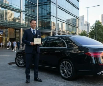 Professional chauffeur holding an iPad waiting by a luxury black Mercedes vehicle in front of a modern Sydney corporate building.