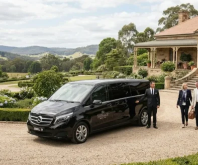 Luxury black chauffeur vehicle parked near a scenic Southern Highlands estate representing a Sydney Airport transfer to or from Bowral.