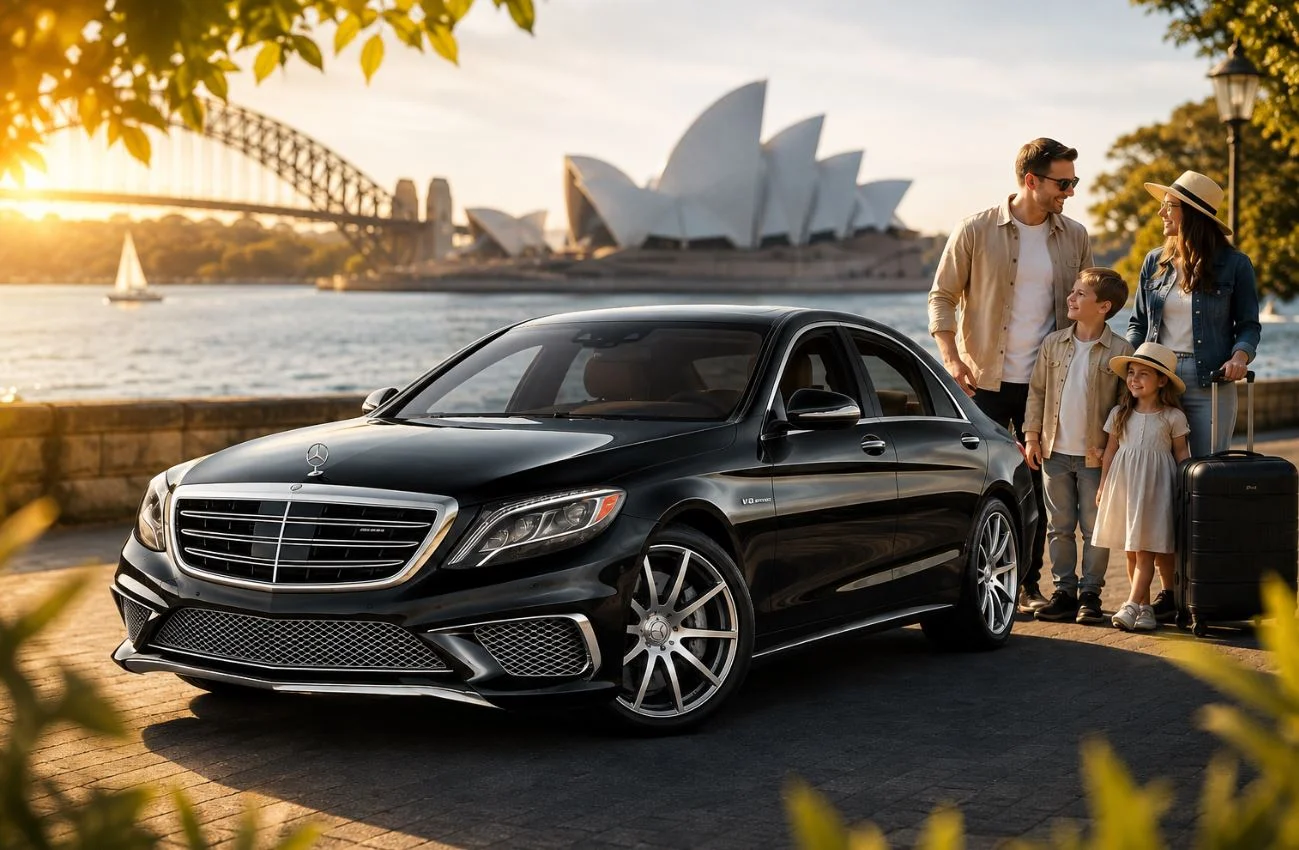 Luxury chauffeur car with family travelling in Sydney, Australia