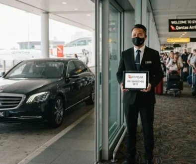 Professional chauffeur waiting with a name board for a Qantas airport transfer passenger next to a luxury vehicle.
