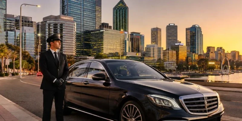 Luxury black sedan with a professional chauffeur parked on a modern Perth city waterfront road at sunset, with illuminated skyscrapers and reflections in the background.