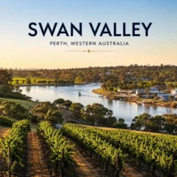 Scenic view of Swan Valley in Perth, Western Australia, featuring vineyards, a calm river, and lush green landscape under a clear sky.