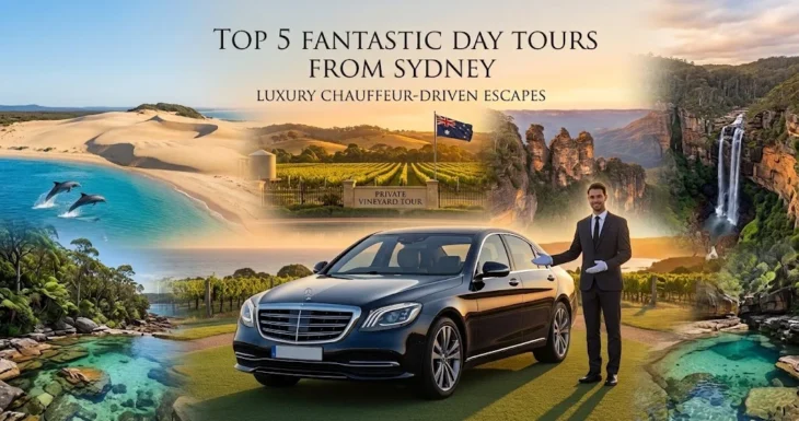 Executive chauffeur welcoming guests beside a luxury black sedan, with a background collage of Sydney day tour destinations including the Blue Mountains, Hunter Valley, and Port Stephens.