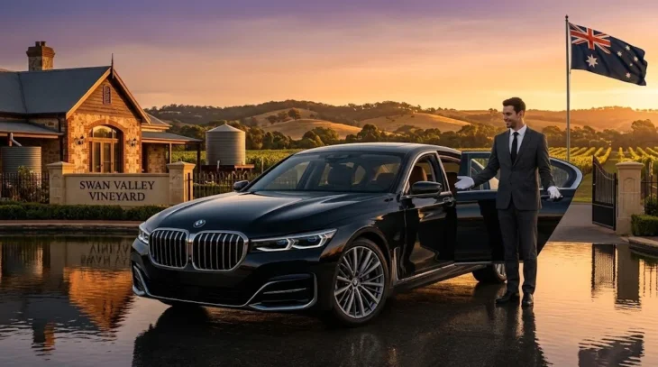 Professional chauffeur opening the door of a luxury black BMW 7 Series at a Swan Valley vineyard estate in Perth.