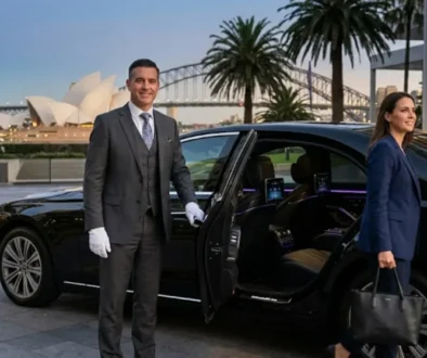 Professional chauffeur opening luxury car door for business traveler in Sydney