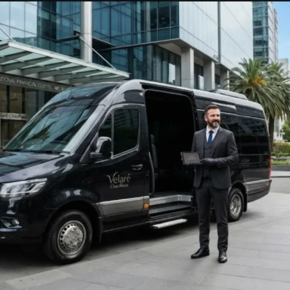 Sleek luxury Mercedes Sprinter van with a professional chauffeur waiting outside a modern corporate building in Melbourne.