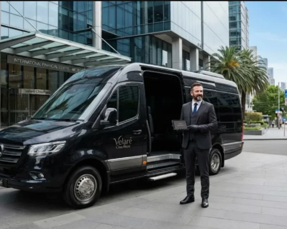 Sleek luxury Mercedes Sprinter van with a professional chauffeur waiting outside a modern corporate building in Melbourne.