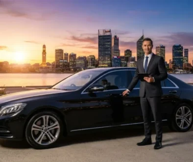 Professional chauffeur standing beside a luxury executive sedan in Perth at sunset.